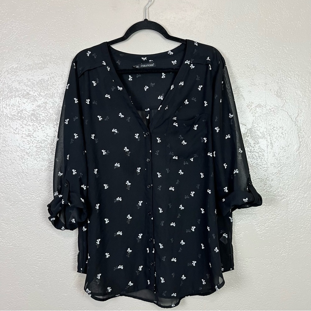 Maurices Women 2 Button Down Blouse Semi-Sheer Bow V-Neck Tab Sleeves 5 for $30 - Picture 1 of 16